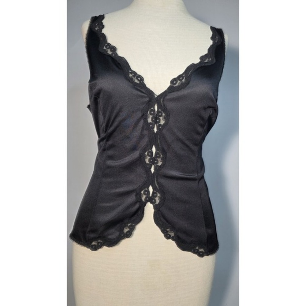 Vintage Warners Frostings Black Satin Lace Trimmed Lingerie Camisole‎ Top Sz 36